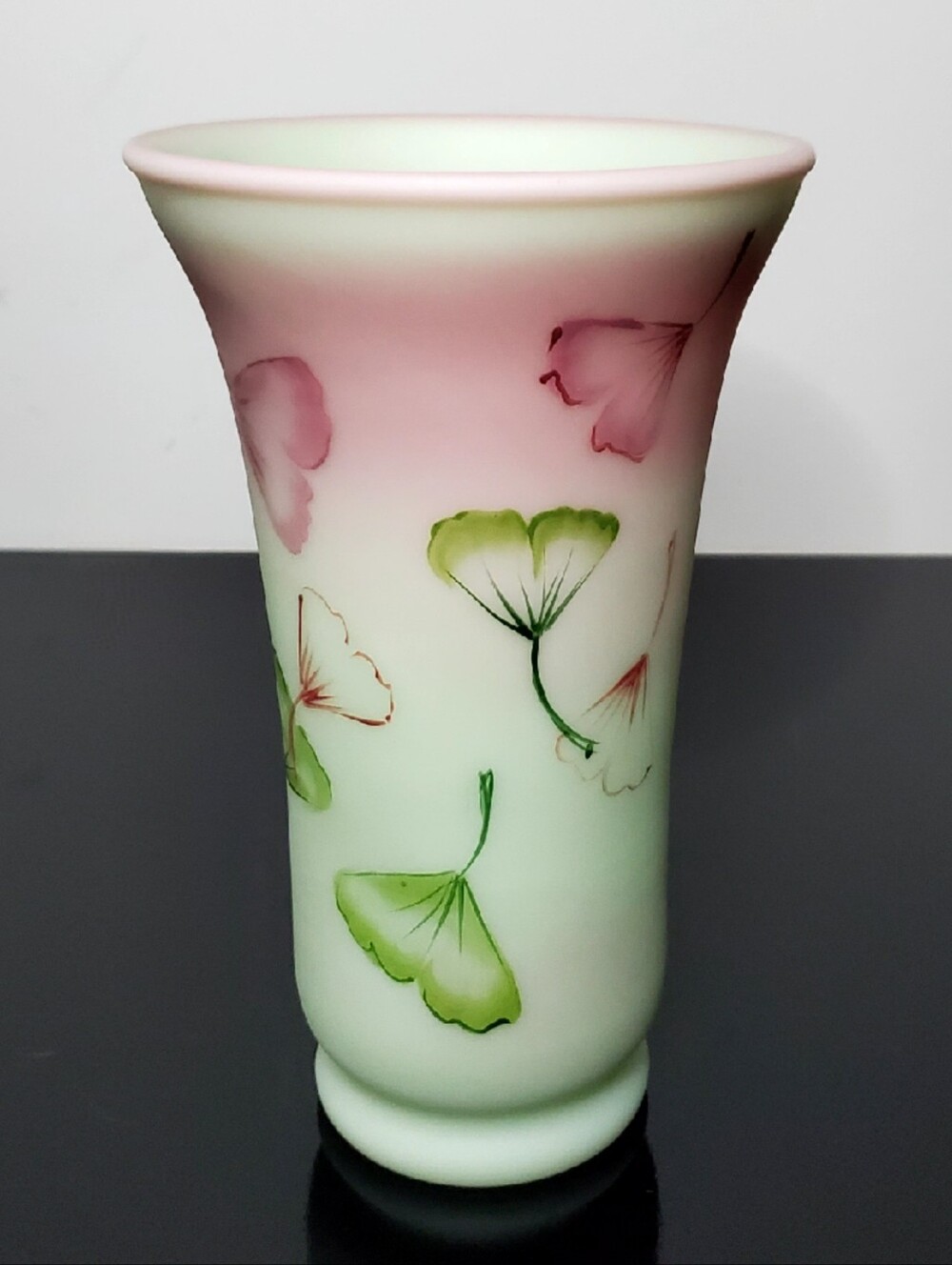 NIB Fenton Lotus Mist Burmese Ginkgo Leaves Hand Painted Vase Signed 8.5" 2007 - Picture 3 of 14
